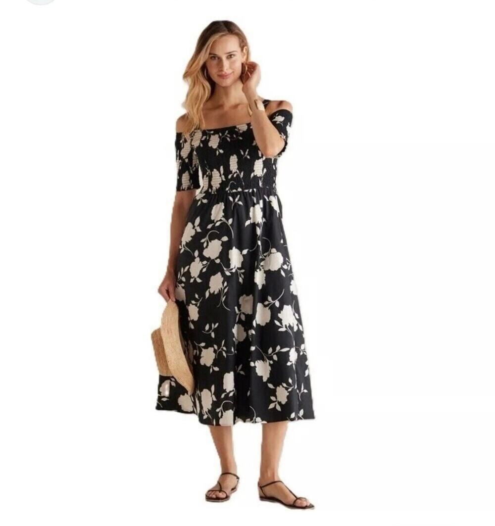 Soft Surroundings Divani Dress Black Ivory Floral Print Smocked Midi Sundress
